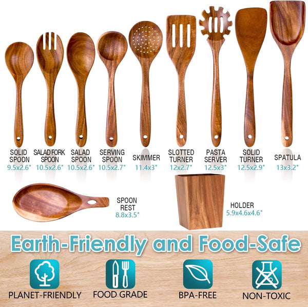 Acacia Wood Cooking Utensils Set - 11Pc Wooden Spoons3