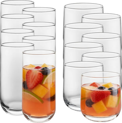 Ascent Tumbler & Rocks Drinking Glasses Set of 16, Clear Glass Cups | 16.25 Oz & 12.25 Oz Capacities Glasses for Water, Juice, Cocktails, and More with Curved Design and Dishwasher-Safe Care1