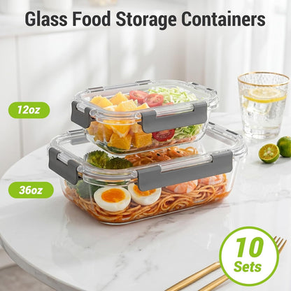 10 Sets 36 Oz & 12 Oz Glass Food Storage Containers with Lids, Gray2