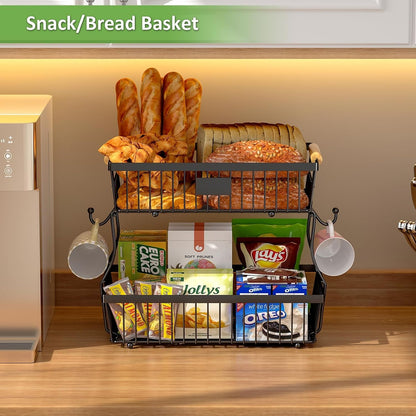 2 Tier Fruit Basket for Kitchen Counter with 2 Banana Hangers, Countertop Metal Bread Basket with Wooden Handle, Large Storage Stand for Vegetables, Snacks, Eggs, Produce Storage – Black3