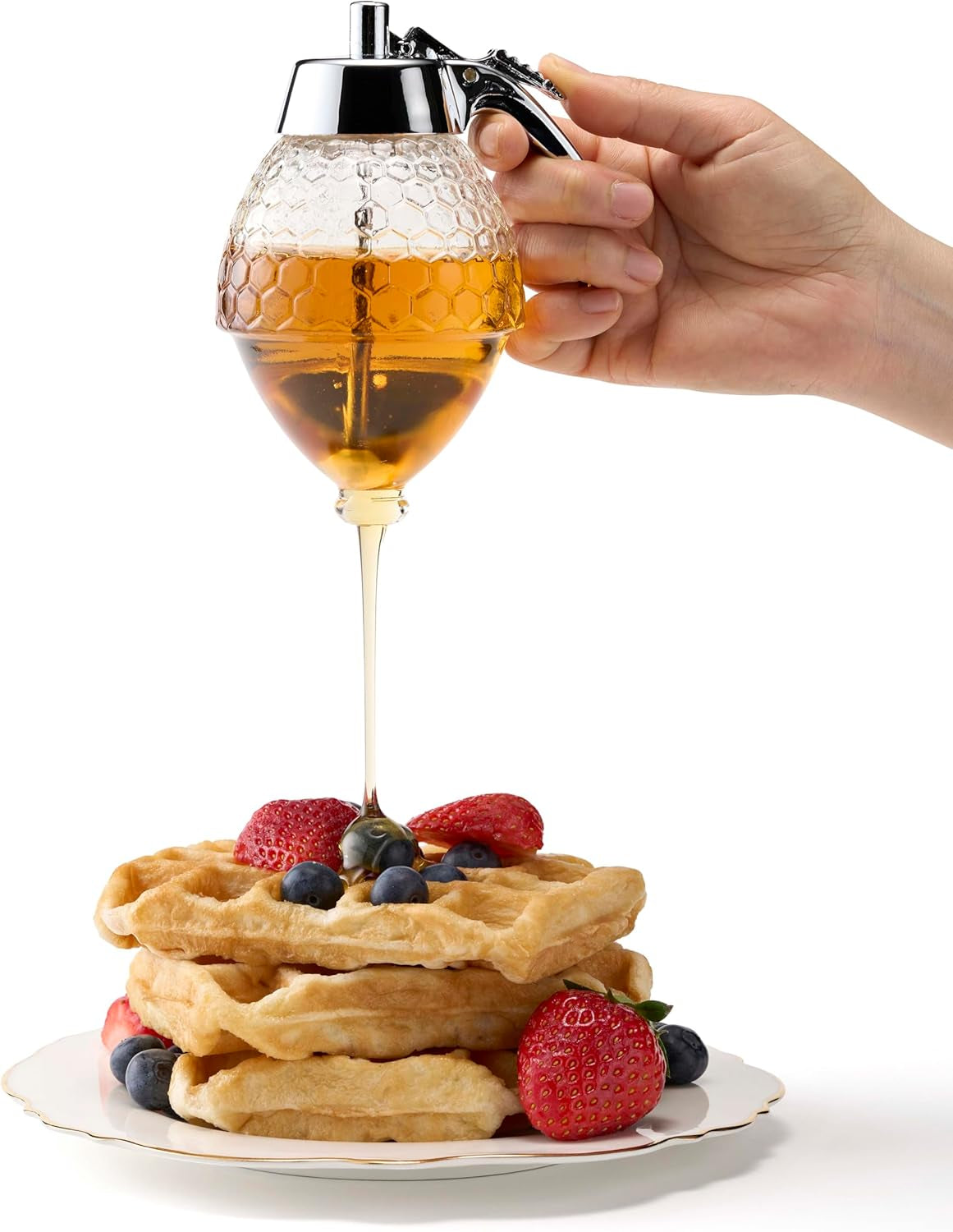 stainless-steel-shaft-honey-and-maple-syrup-dispenser-no-drip-glass-honeycomb-jar-with-stand-8-oz-syrup-pot-silver-plastic-top