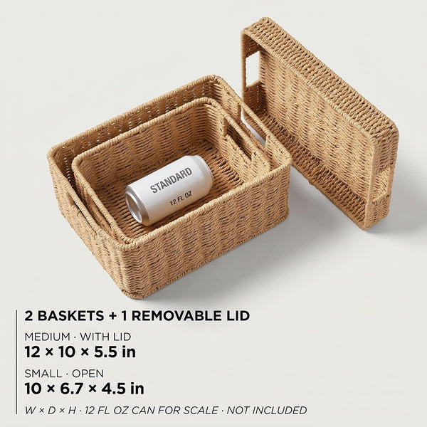 Wicker Storage Basket with Lid for Shelves, Set of 2, Natural4