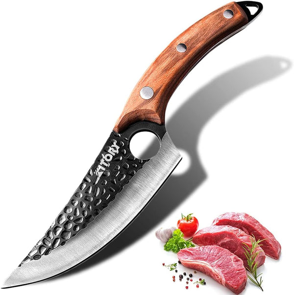 Butcher Knife for Meat Cutting, Hand Forged Viking Boning Knife with Ergonomic Wood Handle, High Carbon Steel Chinese Chef Knife for Camping, Outdoor, BBQ, Birthday Gift for Men1