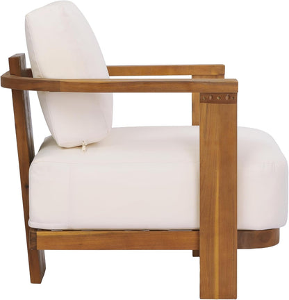 Stella Acacia Wood 4 Piece Patio Furniture Set, Wooden Patio Conversation Set with Club Chair+Coffee Table, 4-Seater Outdoor Loveseat Sofa + Armchair and Table Set, Teak+Beige33