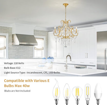 Crystal Chandelier, 5-Light Gold Chandelier for Dining Room Light Fixture, K9 Crystal Pendant Ceiling Light Fixture, Modern Candle Chandelier for Living Room Kitchen Island Entryway Bedroom4