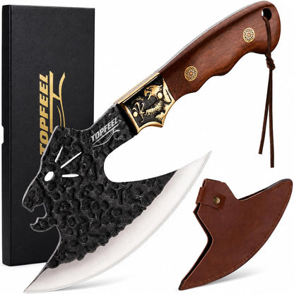 Leopard-Head Viking Knife, Hand-Forged Meat Cleaver with Sheath1