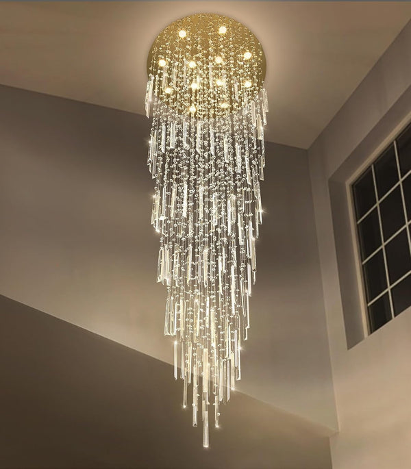 98'' Modern Crystal Chandelier High Ceiling Chandeliers for Entryway Large Raindrop Chandeliers LED Dimmable Flush Mount Light Fixtures for Staircaes Foyer Hallway Living Room LED Bulbs Included Gold7