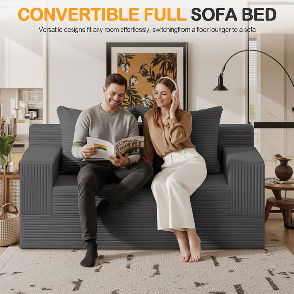 Convertible Sofa Bed, Loveseat Folding Floor Futon Sleeper Sofa Couch Bed- Boneless Foldable Couch, Corduroy Pull Out Sofa Bed with 2 Pillows for Living Room & Bedroom7