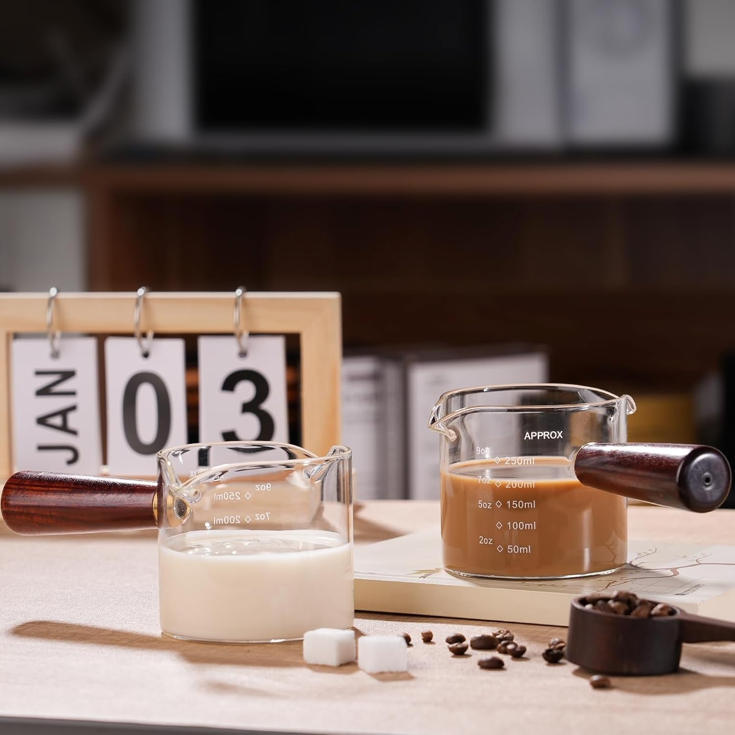 250ml-8-5oz-measuring-cup-espresso-shot-glasses-double-spouts-large-coffee-cup-with-wood-handle-triple-pitcher-milk-cup-parts-clear-glass-by-250ml-1pack