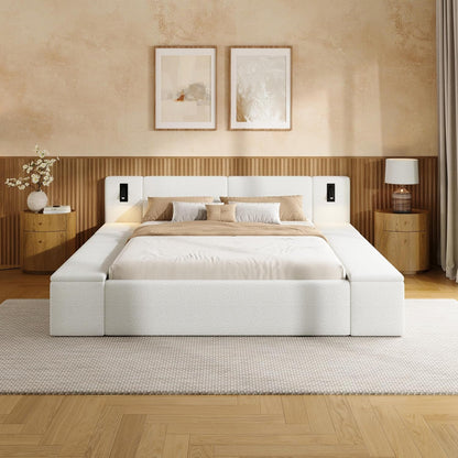 Bouclé Upholstered Platform Bed with Headboard, Hidden Storage,White3