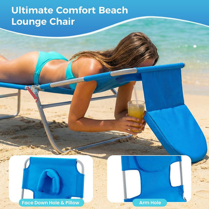 Lounge Chair Outdoor, Beach Tanning Chair with Face Hole, Blue | 5-Position Adjustable Sunbathing Tanning Chair, Foldable Portable Chaise Lounge by Pool Patio Lawn Camping Reading, Arm Hole4