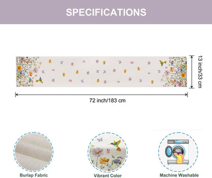 Spring Wildflowers Hummingbird Table Runner 13X72 Inch Yellow Floral Butterfly Kitchen Dining Table Decoration for Indoor Outdoor Home Party Décor6