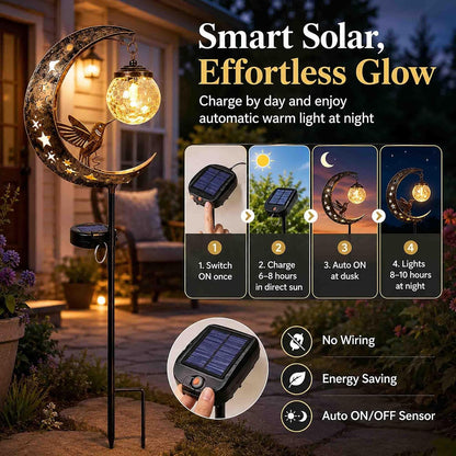 Hummingbird Moon Solar Garden Stake Light Outdoor, IP65 Waterproof Metal Pathway Decor Lamp with Crackle Glass Globe, Warm White Starry Illumination for Yard Patio Lawn (Cat & Butterfly)3