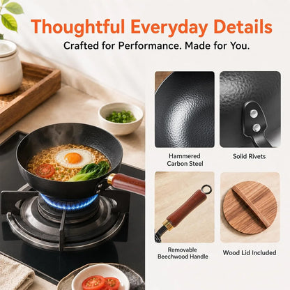 8-Inch Carbon Steel Wok with Lid, Flat Bottom, Gas and Induction | Hammered Carbon Steel, 1.6 Qt Capacity, Removable Beechwood Handle, Uncoated, for Noodles, Eggs, Sauces and 1-2 Servings6