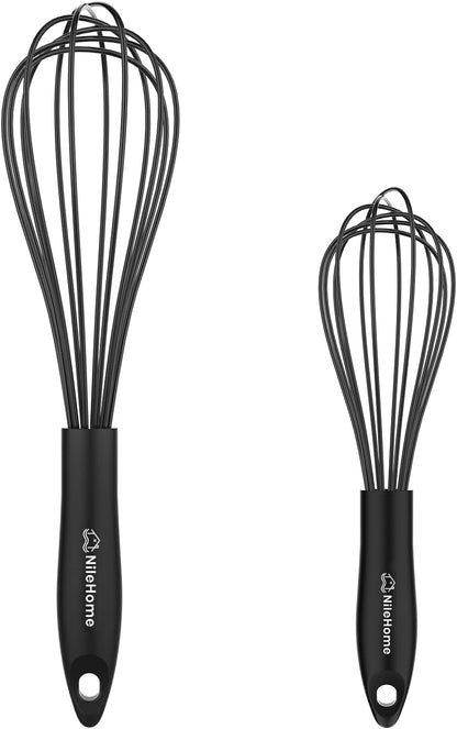 Silicone Whisk Set 8" 10" Kitchen Whisk Black,2-Pack | Food-Grade Material,Dishwasher Safe,Withstands Heat up to 480°F,Perfect for Cooking,Whisking and Blending1