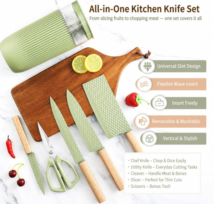 Knife Set, 6-Piece Kitchen Knife Set with Sharp Chef and Meat Knives, Anti-Rust Utility Knives Set for Kitchen, Kitchen Knife Block Set （Green）+2
