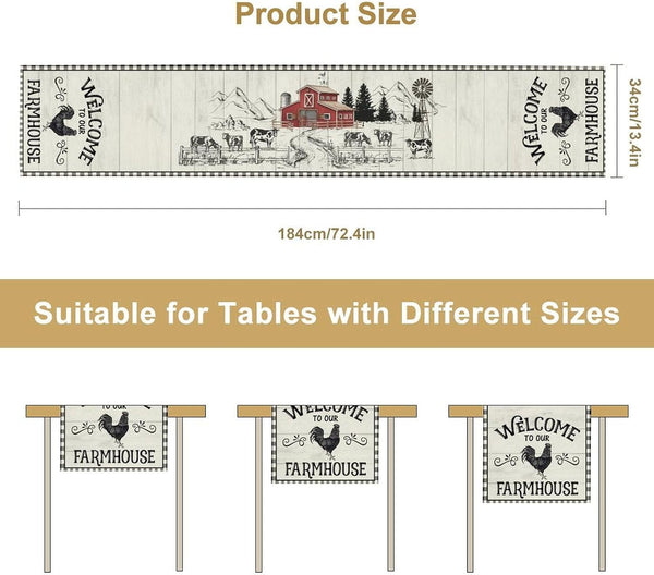 Vintage Farm Table Runner, Farmhouse Animal Barn Checked Pattern Print Table Runner for Kitchen Dinning Table Decor Home Party Holiday, 13X36 Inch2