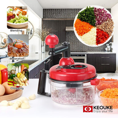 Hand Crank Food Chopper Red - Manual Food Processor with Egg Separator, Labor-Saving, Easy to Clean, Large Vegetable Mixer Blender for Onion, Garlic, Salad, Salsa, Nuts, Meat, Fruit, Etc2