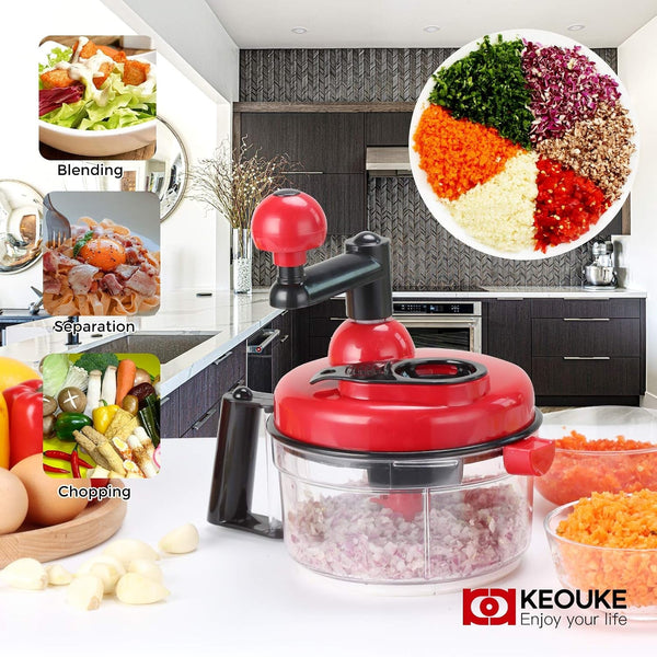 Hand Crank Food Chopper Red - Manual Food Processor with Egg Separator, Labor-Saving, Easy to Clean, Large Vegetable Mixer Blender for Onion, Garlic, Salad, Salsa, Nuts, Meat, Fruit, Etc2