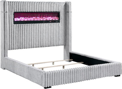Corduroy Upholstered Bed Frame, Remote Fireplace, Built-In Speaker, Wingback Queen Bed Frame with Headboard, Wooden Slats, Box Spring Needed, Assembly Required, Two-Tone Gray12