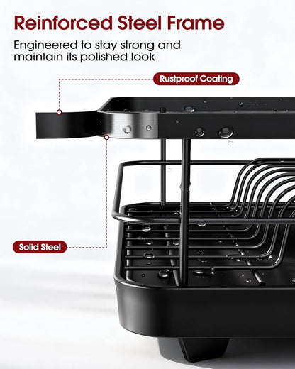 Dish Drying Rack - Stainless Steel Dish Rack with Drainboard for Kitchen Counter and Sink, 15.6" D X 12" W X 5" H, Black6