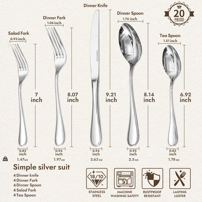 18/10 Stainless Steel Silverware Set for 4, 20 Piece Teardrop Flatware Set |  Heavy Cutlery Set, Mirror Polished Knives Forks and Spoons Utensils, Dishwasher Safe for Home Kitchen Wedding2
