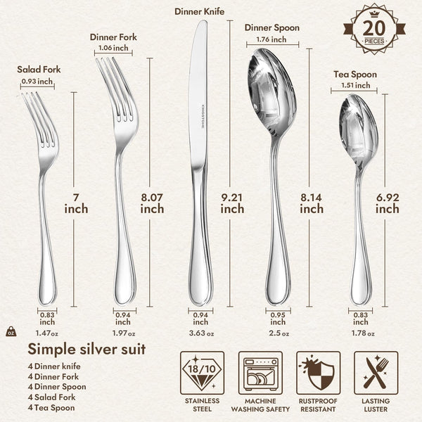 18/10 Stainless Steel Silverware Set for 4, 20 Piece Teardrop Flatware Set |  Heavy Cutlery Set, Mirror Polished Knives Forks and Spoons Utensils, Dishwasher Safe for Home Kitchen Wedding2