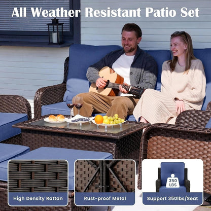 5 Piece Wicker Patio Furniture Set, High Back Outdoor Couch with Swivel Chairs & Coffee Table, 6" Thick Cushion Patio Conversation Sets with Deep Seating for Yard, Deck (Blue)7