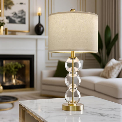 25" Glass Table Lamps Set of 2, Gold Modern Table Lamps with USB Ports for Living Room, Linen Shade Bedside Lamps for Bedroom, Nightstand, Side Table (Bulbs Not Included)2