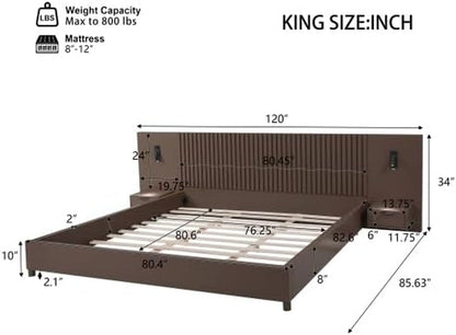 King Size Platform Bed with Built-In Nightstands and Reading Lights, Vertical Slatted Headboard, Heavy Duty Noise-Free Wood Bed Frame with Wood Slats Support,Walnut2