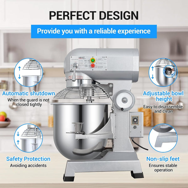 Commercial Food Mixer 30Qt with 3-Speed Adjustment, 1250W Commercial Mixer with Timer, Heavy Duty. Commercial Dough Mixer with Stainless Steel Bowl, Suitable for Bakeries and Pizzerias6