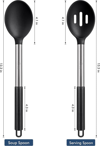 446°F Heat Resistant Large Silicone Cooking Spoon, BPA Free Solid Slotted Spoons, Nonstick Kitchen Cookware Utensils, Mixing, Serving, Stiring Large Spoons, Black2