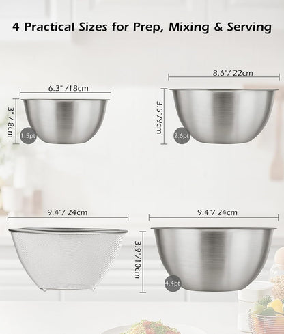 Stainless Steel Mixing Bowls Set of 4 with Colander, Nesting Metal Kitchen Bowls with Measurement Marks for Mixing, Prep, Salad & Baking, Dishwasher Safe5