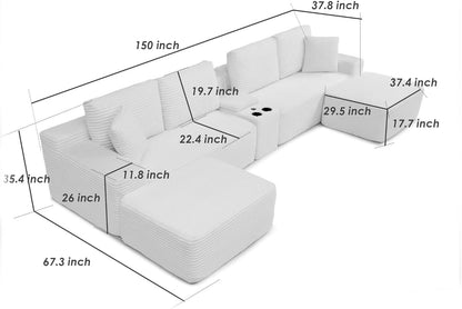 150" Oversized Modular Sectional Sofa, Deep Seat Cloud L-Shape Corduroy Couch with Cup Holders, USB Ports, Wireless Charging & Storage Box, Upholstered Modular Sleeper Sofa for Living Room (Black)2