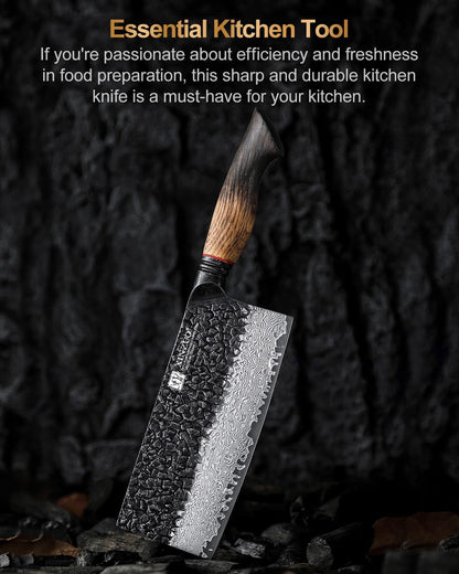 7.3 Inch Vegetable Cleaver Knife,10Cr15Comov Steel Core Forged Damascus Steel,Sharp Slicing Knife for Home Kitchen and Restaurant,Ergonomic White Oak + Red G10 Gasket Handle9