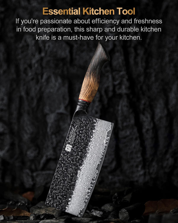 7.3 Inch Vegetable Cleaver Knife,10Cr15Comov Steel Core Forged Damascus Steel,Sharp Slicing Knife for Home Kitchen and Restaurant,Ergonomic White Oak + Red G10 Gasket Handle9