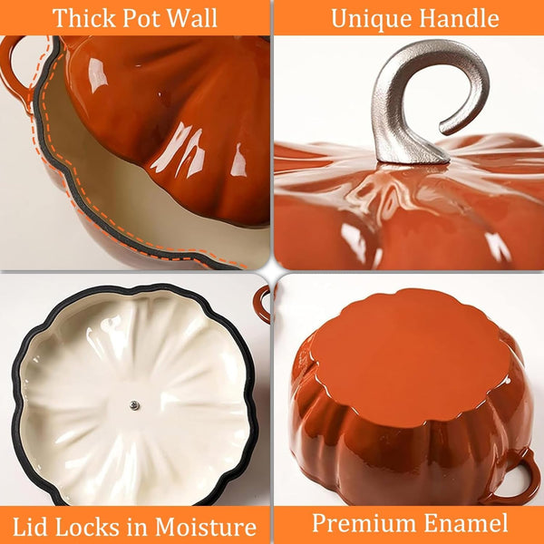 Pumpkin Cast Iron Dutch Oven, 4Qt Enamel Cast Iron Cooking Pot with Lid | Pumpkin-Shaped Cocotte, Soup Pot - Serves 3-5, Christmas Thanksgiving Decor Gift, for Various Stoves6