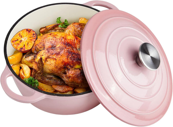 6 Quart Dutch Oven Enameled Cast Iron with Lid - Big Dual Handles - Oven Safe up to 500°F - Classic round Pot for Versatile Cooking Pink1
