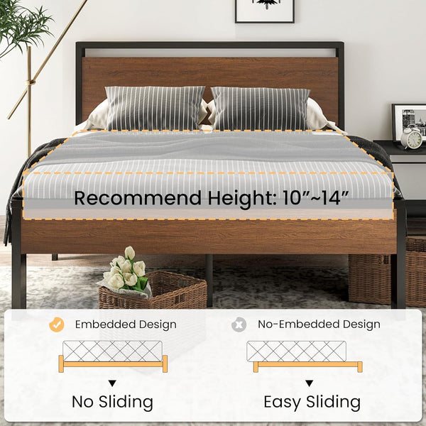 14 Inch Full Size Metal Platform Bed Frame with Wooden Headboard and Footboard, Mattress Foundation, No Box Spring Needed, Large under Bed Storage, Non-Slip without Noise, Walnut7