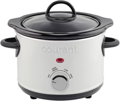 Slow Cooker Mini, Electric round Ceramic Pot, Adjustable Temp, Entrees, Sauces, Stews & Dips, Cool Touch Handles, Dishwasher Safe Glass Lid 1.5 Quart White Crock1