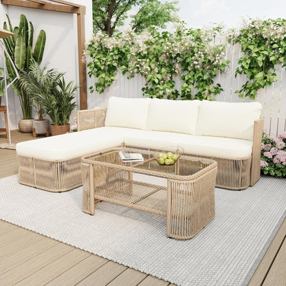 Outdoor Patio Furniture Set, PE Rattan Wicker Conversation Sofa Set with Iron Frame Cushions and Glass Top Coffee Table, Modular Backyard Balcony Seating Set, Dark Beige6