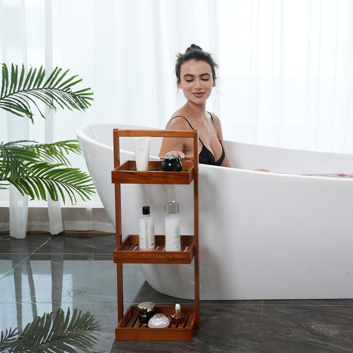 teak-shower-caddy-corner-standing-organizer-shelf-with-handle