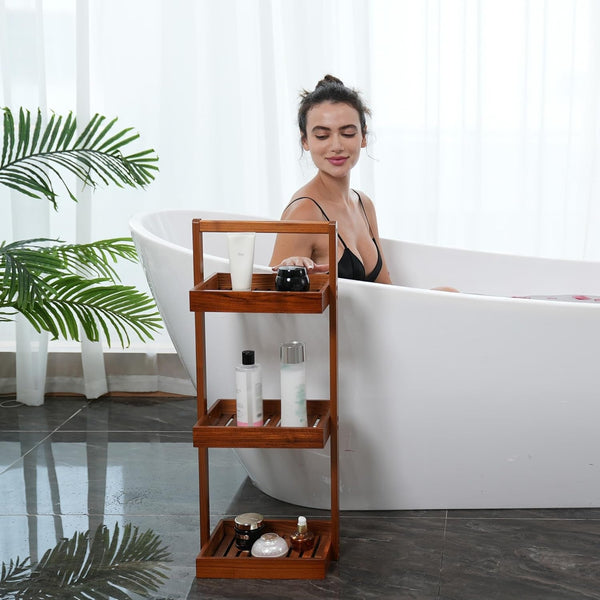 Teak Shower Caddy Corner, Standing Organizer Shelf with Handle2