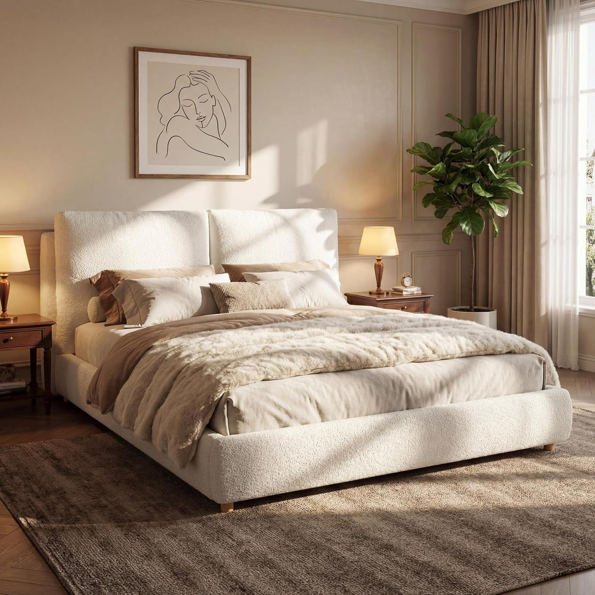 california-king-boucle-platform-bed-with-2-headboard-pillows-white