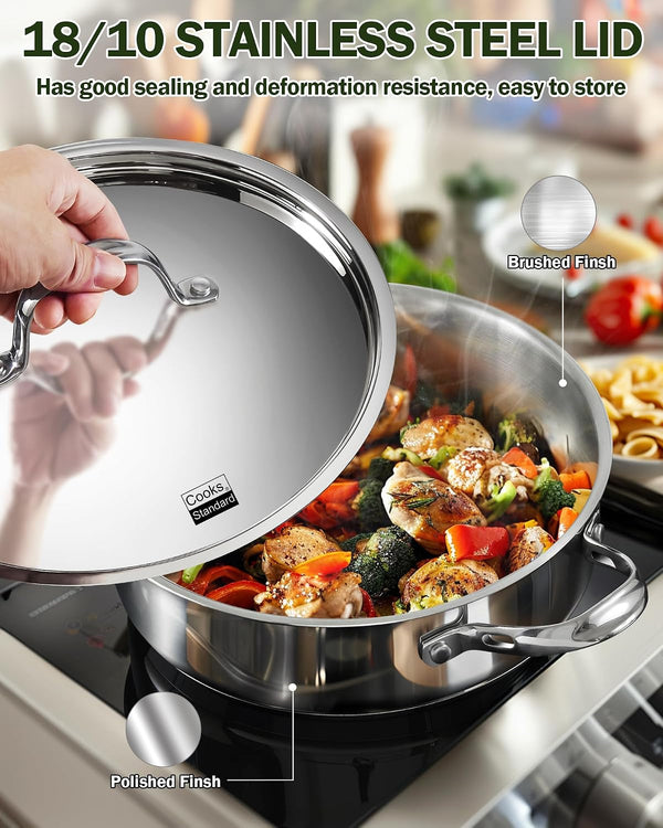 Classic 4 Quart Stainless Steel Sauté Pan with Lid, 10.5 Inch Deep Frying Pan, Induction Cookware Cooking Saute Skillet, Jumbo Cooker with Stay-Cool Handle, Dishwasher & Oven Safe4
