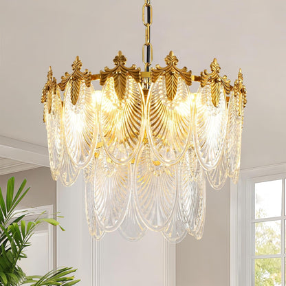 Antique Chandeliers 2-Layer Gold Crystal Glass Chandelier, 4-Light round Pendant Light 17.7" Brushed Brass Adjustable Height, Applicable to Dining Room, Bedroom, Living Room, Foyer, Kitchen Island1