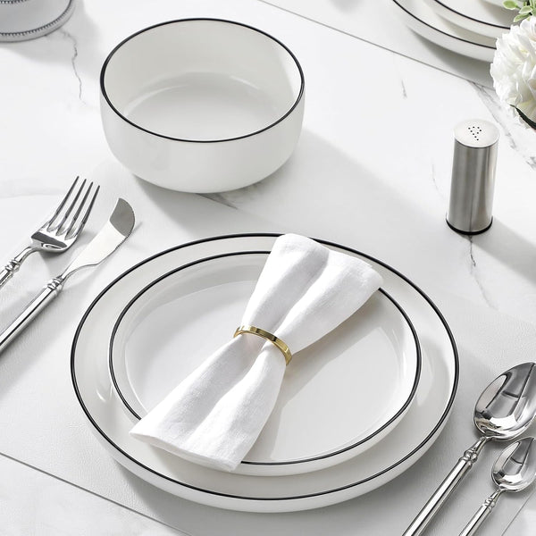 Plates and Bowls Sets, 12 Pieces Modern Porcelain Dinnerware Set for 4 White Kitchen Dinner Dining Ware Set Wtih Black Rim Ceramic Dishware Dishes Microwave and Dishwasher Safe, Series LUNA7