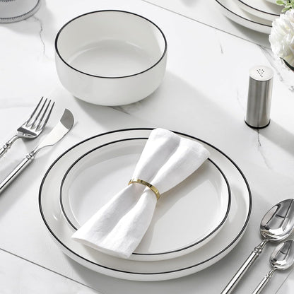 Plates and Bowls Sets, 12 Pieces Modern Porcelain Dinnerware Set for 4 White Kitchen Dinner Dining Ware Set Wtih Black Rim Ceramic Dishware Dishes Microwave and Dishwasher Safe, Series LUNA7