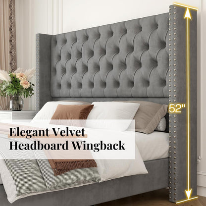Queen Size Bed Frame Velvet Upholstered Platform Bed with 51.6" Tall Wingback Headboard Deep Button Tufted, No Box Spring Needed, Light Grey4