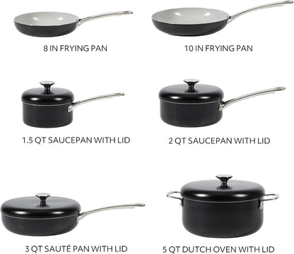Sur La Table Kitchen Essentials Potluck Porch 10 Piece PFA Free Ceramic Non Stick Interior Forged Aluminum Cookware Pots and Pans Set W/Aluminum Lids - Black - Induction Compatible3